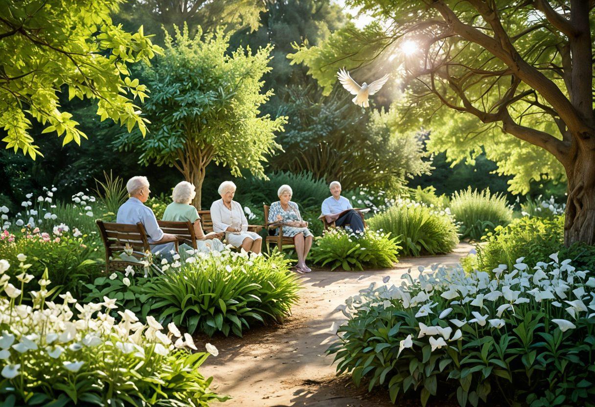 A serene scene depicting a tranquil garden with blooming flowers and soft sunlight filtering through the leaves, symbolizing life and compassion. In the foreground, a gentle, diverse group of people commemorates a loved one, sharing stories and smiles, with a white dove flying overhead. The atmosphere is warm and inviting, reflecting hope and remembrance. soft focus. vibrant colors. peaceful. watercolor.