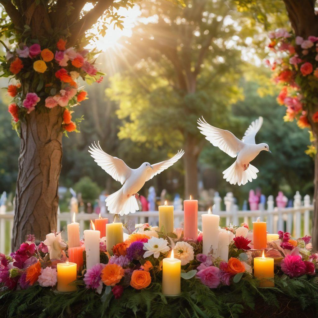 A serene memorial service scene, featuring a beautifully arranged altar with colorful flowers, soft candles flickering, and personal mementos symbolizing love and remembrance. Warm sunlight filters through a nearby tree, casting gentle shadows on the gathering of diverse individuals embracing each other in support. Ethereal doves are taking flight in the background, representing peace. Emphasize a soothing and compassionate atmosphere. super-realistic. vibrant colors. soft focus.