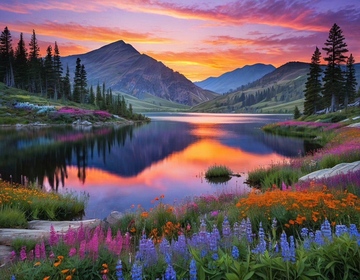 A serene landscape featuring a calm lake reflecting a colorful sunset, surrounded by gentle rolling hills. In the foreground, a diverse group of people, embracing and sharing stories, represent kindness and support. Soft flowers bloom around them, symbolizing life and remembrance. The scene evokes a sense of peace and celebration of life. super-realistic. vibrant colors.